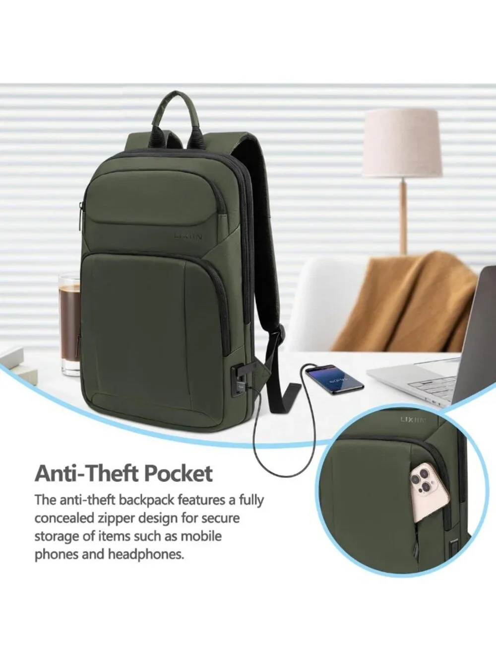 Slim Expandable Travel Laptop Backpack with USB Port, Water Resistant